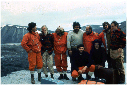 Figure 9. Claire with teammates and Argentine hosts near the Argentine base on Deception Island, 21 January 1974.