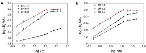 Figure 5 Plots of log (Mt/M∞) against log t for DOX (A) and PTX (B) release from PTX/DOX-PMs at pH 7.4, 6.5 and 5.0.Abbreviations: DOX, doxorubicin; PTX, paclitaxel; PMs, polymeric micelles; PTX/DOX-PMs, paclitaxel and doxorubicin-loaded polymeric micelles; t, time; h, hour; Mt/M∞ were the absolute cumulative amount of drug released at time t and infinite time, respectively.