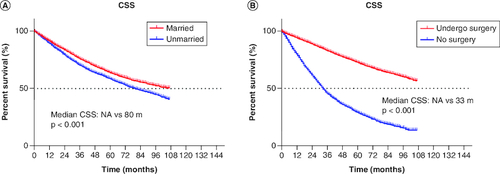 Figure 2. Cancer-specific survival curve for cohort of patients with non-small-cell lung cancer according to the status.(A) Marriage and (B) surgery after propensity-score matching.CSS: Cancer-specific survival.