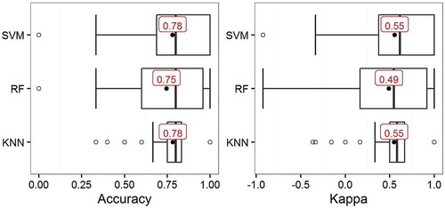 Figure 7. Overall accuracy and kappa coefficient values for classification models obtained through cross-validation (SVM: support vector machines; RF: random forest; kNN: k-nearest neighbors).