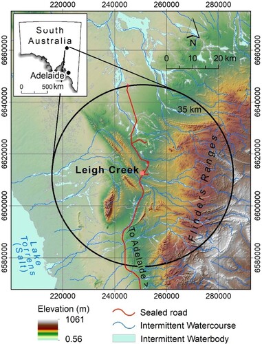 Figure 1. Study area defined by a 35 km radial zone (black line) around the township of Leigh Creek in the northern Flinders Ranges of South Australia (Longitude & Latitude: 138° 34′ 00″ E & 30° 35′ 36″ S). Map coordinate system showing Eastings and Northings, GDA94 UTM Map Grid of Australia (MGA) zone 54.