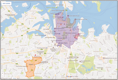 Figure 2. Location of Newtown (the displacement zone) and the lockout zone (the Sydney entertainment precinct). Source: Google Maps (Citation2017).