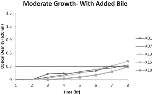 Figure 4. Moderate growth graph (optical density at 620 nm vs. time) of isolates K01, K07, K10, K13 and K15 with added bile; reaching A620nm = 0.3 unit within 6–8 hours.