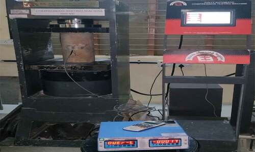 Figure 5. Test setup showing the placing of sample and fixing of strain gauges.