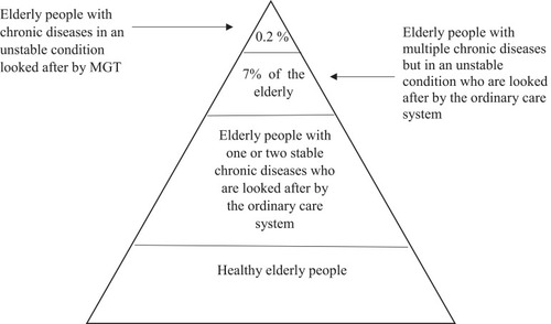 Figure 1 Relative proportions of degrees of chronic illnesses in an elderly population. Reproduced with permission from Lifvergren S. Quality Improvement in Healthcare. Göteborg: Chalmers University of Technology; 2013.Citation16