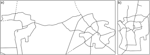 Figure 10. Topological subdivisions are formed by the street network and the city’s boundaries. a) Route 1 and b) Route 2