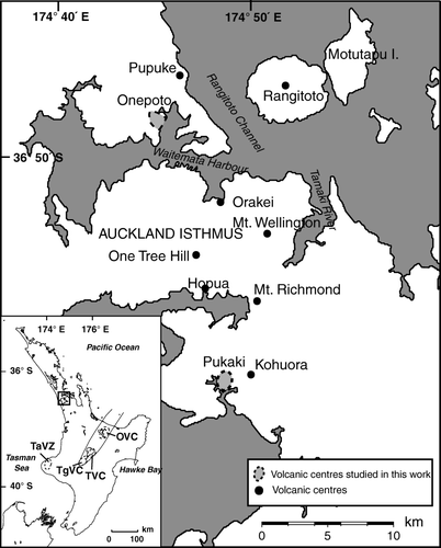 Fig. 1  Location map of the Pukaki and Onepoto maars in Auckland Volcanic Field (inset: location map of North Island; OVC: Okataina Volcanic Centre; TVC: Taupo Volcanic Centre; TgVC: Tongariro Volcanic Centre; TaVZ: Taranaki Volcanic Zone).