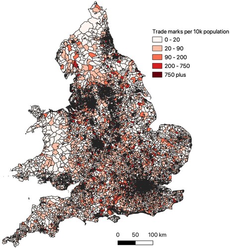 Figure 2. Trademark intensity by lower super output area (LSOA), 2017.Note: Trademarks are per 10,000 working population in each LSOA.Sources: Trademark data are from the Intellectual Property Office (IPO) (see the text for derivation); working population data are from the National On-line Manpower Information System (NOMIS).