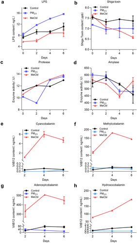 Figure 6. Toxin, enzyme activity and VitB12 contents of in in vitro colon simulation system at different periods of fermentation. (a) LPS contents; (b) Shiga toxin contents; (c) protease activity; (d) amylase activity; (e-h) line chart of four types of VitB12 (cyanocobalamin, methylcobalamin, Adenosylcobalamin and hydroxocobalamin) content changes.