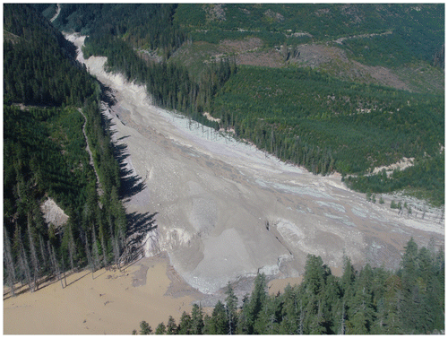 Figure 6. Lake impounded behind a landslide dam in Meager Creek valley, British Columbia, in July 1998. Before it emptied, the lake was up to 1 km long and approximately 10 m deep at the dam. The lake drained non-catastrophically by overtopping and incision of the dam. Photo by Dave Steers.