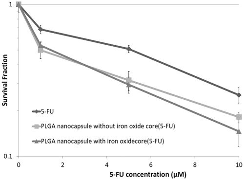 Figure 5. Survival fraction of HT-29 cells in spheroid culture versus different concentrations of free 5-FU or 5-FU-loaded PLGA nanoparticles with and without iron oxide core. Mean ± SEM of three independent experiments (n = 9).