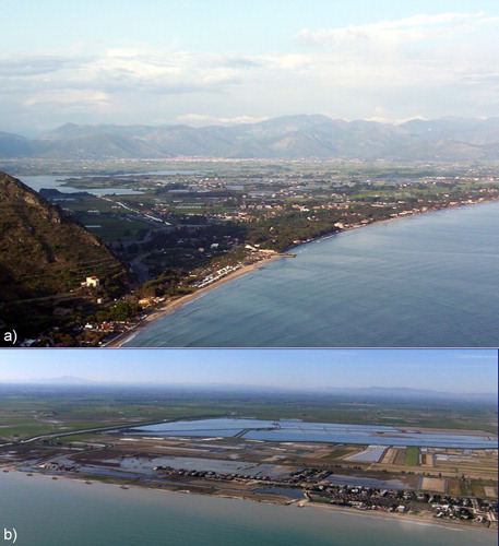 Figure 1. The Italian coastal areas are characterized by important human settlements that are sensitive to sea level rise: (a) the Fondi Plain, near Latina (Latium, Italy) is one of the 33 areas of the Italian coastal zones prone to marine flooding (CitationLambeck et al., 2011) (Photo G. Mastronuzzi, 2005); (b) the Mouth of Carapelle river, near Foggia (Apulia, Italy) with damaged wetlands after the sea-storms occurred on February/March 2009 (Photo by M. Caldara, 2009).