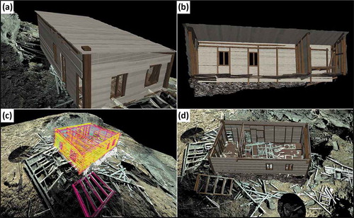Figure 7. The reconstruction of the A/S Kulspids building: (a) full model with textures; (b) a cross-section (east–west) through the inside of the building; (c) wireframe model; (d) inside of the building with the roof taken off.
