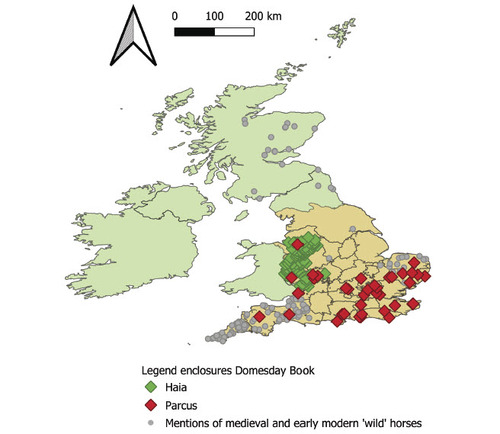 Fig. 3. Distribution of haiae and parci as listed in Domesday Book. The shires of Domesday England are indicated in light brown. For reference Domesday Book ‘wild’ horses as well as other medieval and early modern mentions of ‘wild’ horses are shown as grey dots. Map created with QGIS, QGIS.org (2022). QGIS Geographic Information System. QGIS Association. http://www.qgis.org.