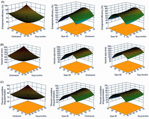 Figure 1. Three-dimensional response surface plots demonstrating the effect on independent variables on the dependent variables: vesicle size, entrapment efficiency and percent cumulative drug permeation of transfersomal formulations of paclitaxel.