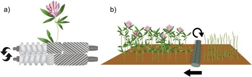 Figure 1. Illustrations of (a) A twin-screw press juicer used for fractionation juicing on a red clover plant. (b) The rotating harvest machinery of the leaf-stripper used for fractionation leaf stripping on a stand of red clover.