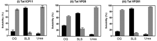 Figure 5. Bar graph from the triplicate experiment representing the extent of solubilization of lipid-modified (i) Tat-ICP11, (ii) Tat-VP28, and (iii) Tat-VP281 in different solubilizing agents: β-Octyl glucoside (OG), Sodium lauoryl sarcocine (SLS) and Urea. The black bars represent the percentage of soluble fraction and the grey bars represent the percentage of insoluble fraction.
