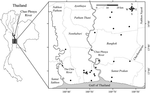 Figure 1. Map showing collection localities (black dots) in the lowermost Chao Phraya River basin in the present study. Broken lines indicate provincial boundaries. Provincial names are in italic.