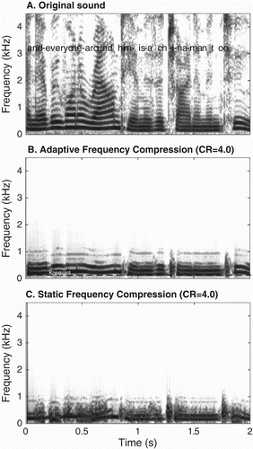 Figure 2 (A) Spectrogram of a female speech fragment, uttering the sentence ‘And everyone around him is a china man too'. (B) Spectrogram of the same fragment after HA processing with experimental adaptive frequency compression. The knee point of the frequency lowering was 160 Hz (dashed line) with a compression ratio of 4.0. (C) Static frequency compression of the same fragment and compression settings