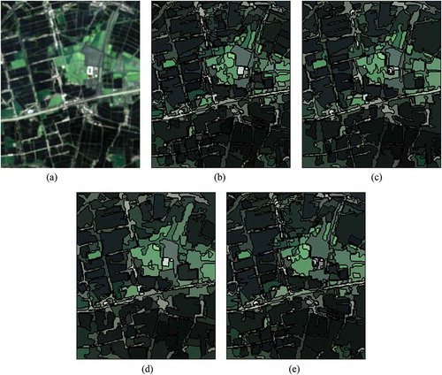 Figure 4. Segmentation results for s1. (a) is the original true color image, (b), (c), (d), and (e) are results of SETH, FNEA, HSWO, and SETH without the third stage, respectively. Note that the colors in (b), (c), (d), and (e) have no special meaning; they are simply formed by averaging the spectral value within each segment.).