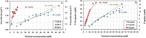 Fig. 11. Growth and nutrient uptake rates (Δ) from all experiments. The first panel represents (a) the maximum growth rates for all three nutrients up to the growth saturating nutrient concentrations. The second panel represents (b) the ‘luxury’ uptake for all nutrients after the growth-saturating phase before reaching the plateau. Three different colour codes have been used to denote P (red square), N (green triangle) and Si (blue diamond)
