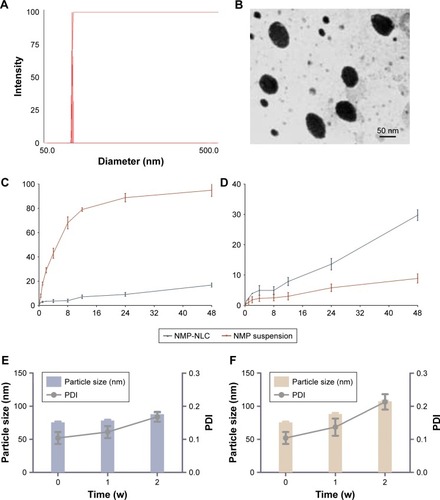 Figure 4 Pharmaceutical characteristics of NMP-NLC in vitro.Notes: (A) Particle size and PDI of NMP-NLC analyzed by DLS. (B) TEM morphology of NMP-NLC. Bar =50 nm. (C) In vitro drug release profile of NMP-NLC and NMP suspension in pH 1.2 simulated succus gastricus. (D) In vitro drug release profile of NMP-NLC and NMP suspension in pH 6.8 simulated intestinal fluid. (E) Particle size and PDI of NMP-NLC during 2 weeks of storage at 4°C and (F) particle size and PDI of NMP-NLC during 2 weeks of storage at 25°C. Results are expressed as the mean ± SD (n=3).Abbreviations: NMP-NLC, nimodipine-loaded nanostructured lipid carriers; PDI, polydispersity index.