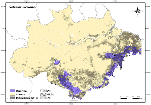 Figure 110. Occurrence area and records of Salvator merianae in the Brazilian Amazonia, showing the overlap with protected and deforested areas.