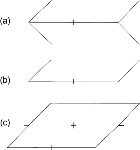 Figure 3. (a) Judd's version of the Müller-Lyer figure in which the angles face in the same rather than opposite directions and in which the midpoint of the horizontal line is marked by a short cross-line; (b) a reduced version of Judd's figure; and (c) a rhomboid parallelogram in which the midpoints of the four sides are marked by short cross-lines