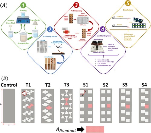 Figure 1. (A) Research plan to evaluate the mechanical properties of 3D printed food samples. Stage 1 represents the formulation preparation process. Stage 2 involves the 3D printing process of the designs. Stage 3 represents the post-processing of the printed samples. Stage 4 is the 3-point bending test and Stage 5 represents the simulation tests performed. (B) The porosity topology patterns studied. Control, no topology and a solid volume fraction of 100% (control). T1, T2 and T3 with triangles as base shapes for their topology patterns (triangle-shaped). S1, S2, S3 and S4 with squares as base shapes for their topology patterns (square-shaped). ANominal is the representative nominal area per void that is being analysed and compared with the corresponding experimental area (AExperimental). The following are the measures for a = 40 mm, b = 120 mm, c = 13.283 mm, d = 12.36 mm.