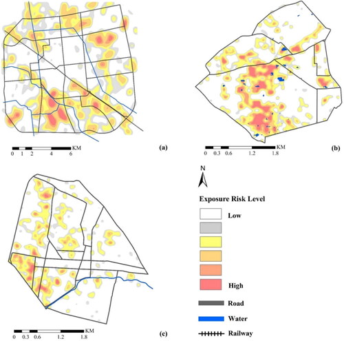 Figure 11. Exposure risk map for (a) Langfang; (b) Faridabad; (c) Tezoyuca.