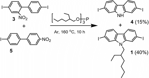 Scheme 3 Tris(2-ethylhexyl) phosphite mediated carbazole ring closure applied on compounds 3 + 5 gives N-(2-ethylhexyl)-2,7-diiodocarbazole (1) as a major product – step 2.