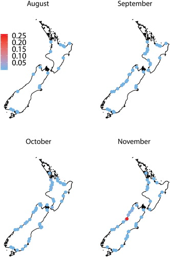 Figure 4. The proportion of giant kōkopu (Galaxias argenteus) in whitebait samples (n ≥ 100 fish) collected over four months from up to 87 rivers around New Zealand.