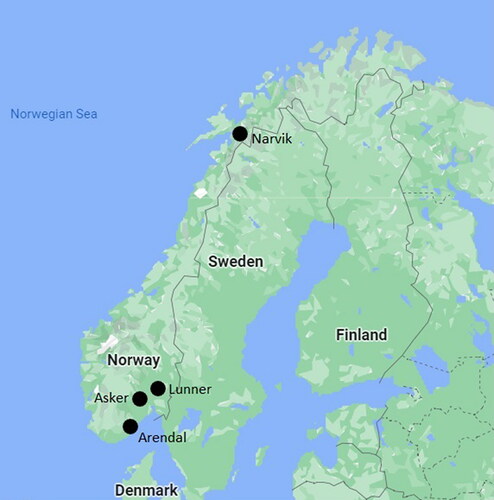 Figure 1. Map of Norway marking the case municipalities in this study. Source: Google Maps.
