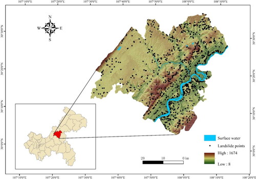 Figure 1. Geographical location and historical landslide events distribution of Zhong County.