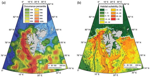 Figure 10. Small dolphins (Lagenorhynchus spp.) (a) KDE plot identifying areas of greatest observation frequency and (b) Maxent modelled habitat suitability, with 50% ice contour for August 2014 shown in grey. Depth contours labelled at 100 m, 500 m, 1000 m, 2000 m and 3000 m.