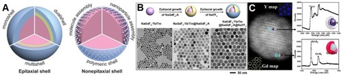 Figure 4 (A) Schematic illustrations of the typical structures of epitaxial and non-epitaxial shells for core-shell tuned UCNPs. Reproduced with permission from Chen X, Peng D, Ju Q, Wang F. Photon upconversion in core-shell nanoparticles. Chem Soc Rev. 2015;44(6):1318–1330.Citation88 Copyright the Royal Society of Chemistry 2015. (B) Schematic illustration of synthesizing and coating process for multilayer NaYF4:Yb,Tm nanoparticles and TEM images from each step. Reproduced with permission from Su Q, Han S, Xie X, et al. The effect of surface coating on energy migration-mediated upconversion. J Am Chem Soc. 2012;134 (51):20849–20857.Citation96 Copyright American Chemistry Society 2012. (C) The left panel shows high-angle annular dark-field micrograph of a NaYF4:Yb,Er/NaGdF4 nanoparticle with the chemical maps from the presence of yttrium (Y) in the core and gadolinium (Gd) in the shell of nanocrystal. The right panel shows the electron energy loss spectroscopy of Y and Gd edges from the nanoparticle with 2.4 nm shell. Reproduced with permission from Zhang F, Che R, Li X, et al. Direct imaging the upconversion nanocrystal core/shell structure at the subnanometer level: shell thickness dependence in upconverting optical properties. Nano Lett. 2012;12(6):2852–2858.Citation98 Copyright American Chemistry Society 2012.