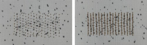 Figure 1. Brick couching (left) and laid couching (right), both at 4 mm spacing, on wool rep fabric. The artificial damage has been created by removing some of the rep’s vertical warp yarns, representing tapestry weft yarns. The images also show the speckle pattern used for DIC registration.
