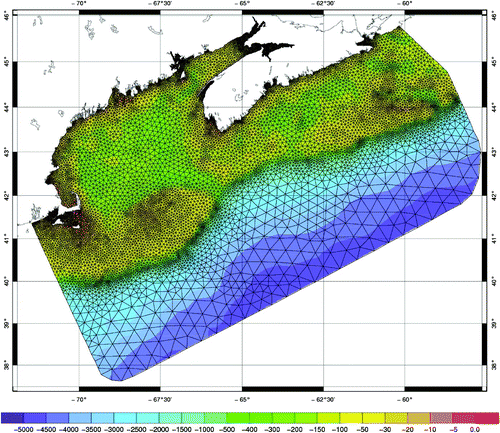 Fig. 8 The finite element model mesh used in tidal regime computations. There is higher resolution in shallow areas, in areas with steep gradients and in the Upper Bay of Fundy. The bathymetry colour scale is in metres.