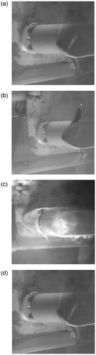 Figure 5. Strike snapshots from high-speed video for the four types of strikes observed, based on relative body strike location (a) 0.5 and greater; (b) 0.44 to 0.5; (c) 0.30 to 0.43; (d) Less than 0.29.