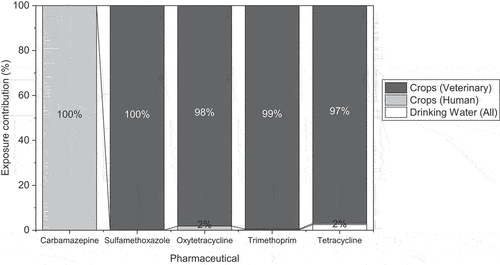 Figure 4. Relative contributions of human and veterinary pharmaceutical residues in drinking water (Webb et al. Citation2003); human pharmaceutical residues in crops; and veterinary pharmaceutical residues in crops to the environmental exposure of humans to carbamazepine, sulfamethoxazole, oxytetracycline, trimethoprim, and tetracycline.
