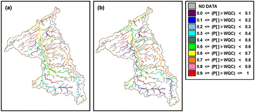 Figure 12 Maps illustrating the probability of exceeding the TP guideline of 0.03 mg/L for the reference scenario (a) and for the Beneficial Management Practices (BMP) scenario with 5-m riparian buffer strips (b).