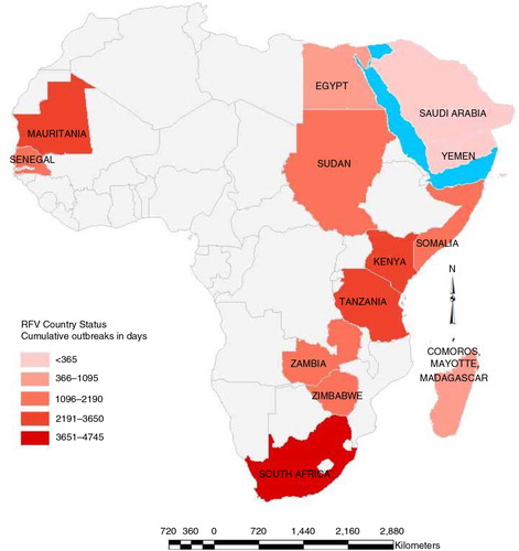 Fig. 3.  Map of Africa and the Arabian Peninsula illustrating the spatial and temporal distribution of Rift Valley cumulative outbreaks in days from 1977 to 2012 (Citation2, Citation5–Citation7, Citation10–Citation12, Citation22) (Citation23, Citation25) (Citation40, Citation46) (Citation80).