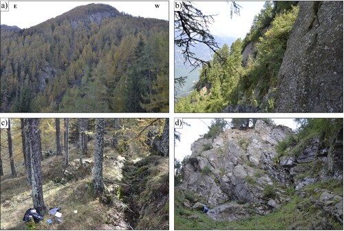 Figure 7. (a) Panoramic view from Prato del Conte toward the incision that remarks the N–S deflection of the Gruf Line, with the higher scar clearly visible just below the Mottaccio peak; (b) detail of the upper portion of the higher scar made up by the sub-vertical north-east dipping foliation; (c) trench on the western side of the higher scar; (d) highly fractured scarp on the eastern side of the upper scar with sub-vertical north-dipping foliation.