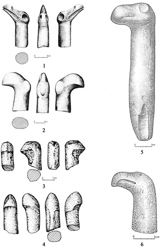 Figure 3 Cylindrical bird figurines from Nemriq 9 (Kozlowski Citation1989; Mazurowski Citation1997).