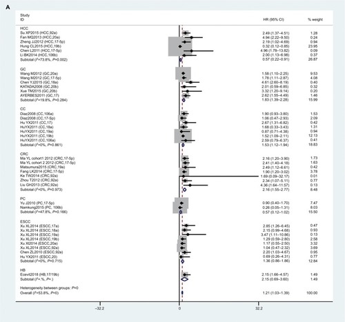 Figure 4 Forest plot of subgroup analysis according to different group typesNote: (A) Country; (B) cancer type; (C) sample source.