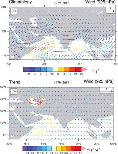 Figure 2. The (a) climatology and (b) linear trend of Wind (925 hPa) during the JJA season from 1979–2018. ‘A’ denotes the anticyclone over the Caspian Sea.