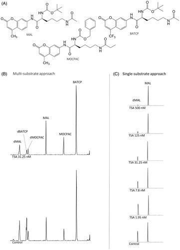 Figure 2. UHPLC-ESI-MS/MS detection of acetylated and deacetylated substrates with the cell-based multi-substrate assay. (A) Chemical structures of MAL, MOCPAC, BATCP; (B) chromatograms of MAL, MOCPAC, BATCP and their deacetylated products (designated as dMAL, dMOCPAC and dBATCP, respectively) in control and TSA-treated cells (31.25 nM) and (C) HDAC inhibitory activity by TSA at various concentrations with the MAL substrate.