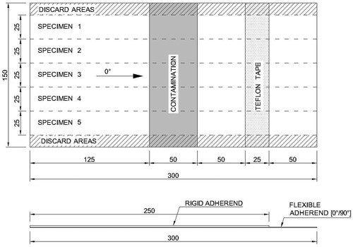 Figure 4. CBP test panels with the contamination strip (dimensions in mm).