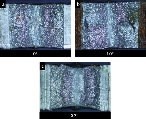 Figure 4. Condition of broken surface specimens of impact welded at a temperature of: (a) 0 °C, (b) 10 °C and (c) 27 °C.