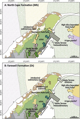 Figure 19. Maps showing transport pathways of conglomerate clast types for (A) the North Cape Formation and (B) the Farewell Formation, flow directions interpreted from conglomerate clast provenance and outcrop of source material. See Figure 1 for map legend.